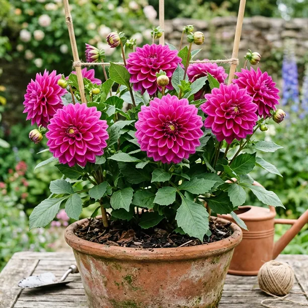Pink dahlias flowering in a pot