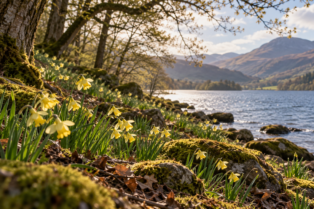 Wild pale-yellow daffodils growing among moss-covered rocks beneath trees on the shore of Ullswater, with sunlight sparkling on the lake and wooded hills beyond.