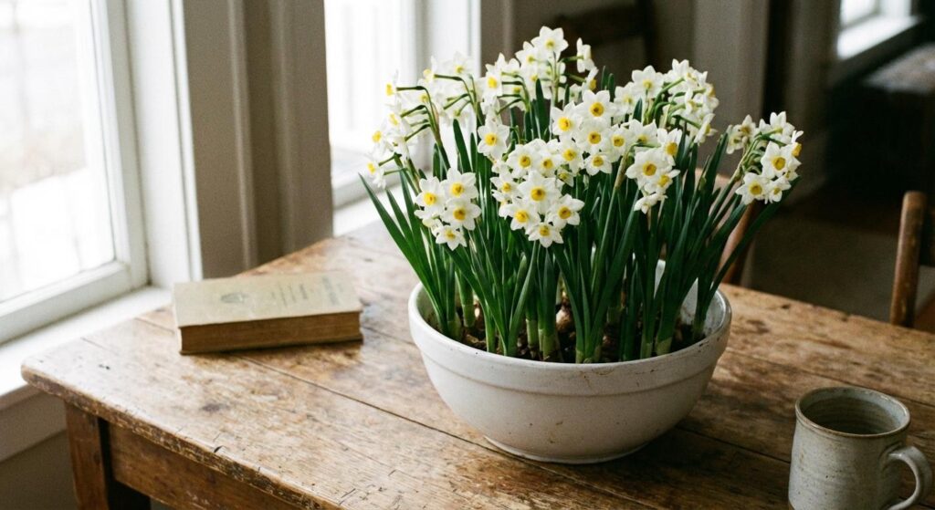 Paperwhite growing indoors in a white bowl on top of kitchen table