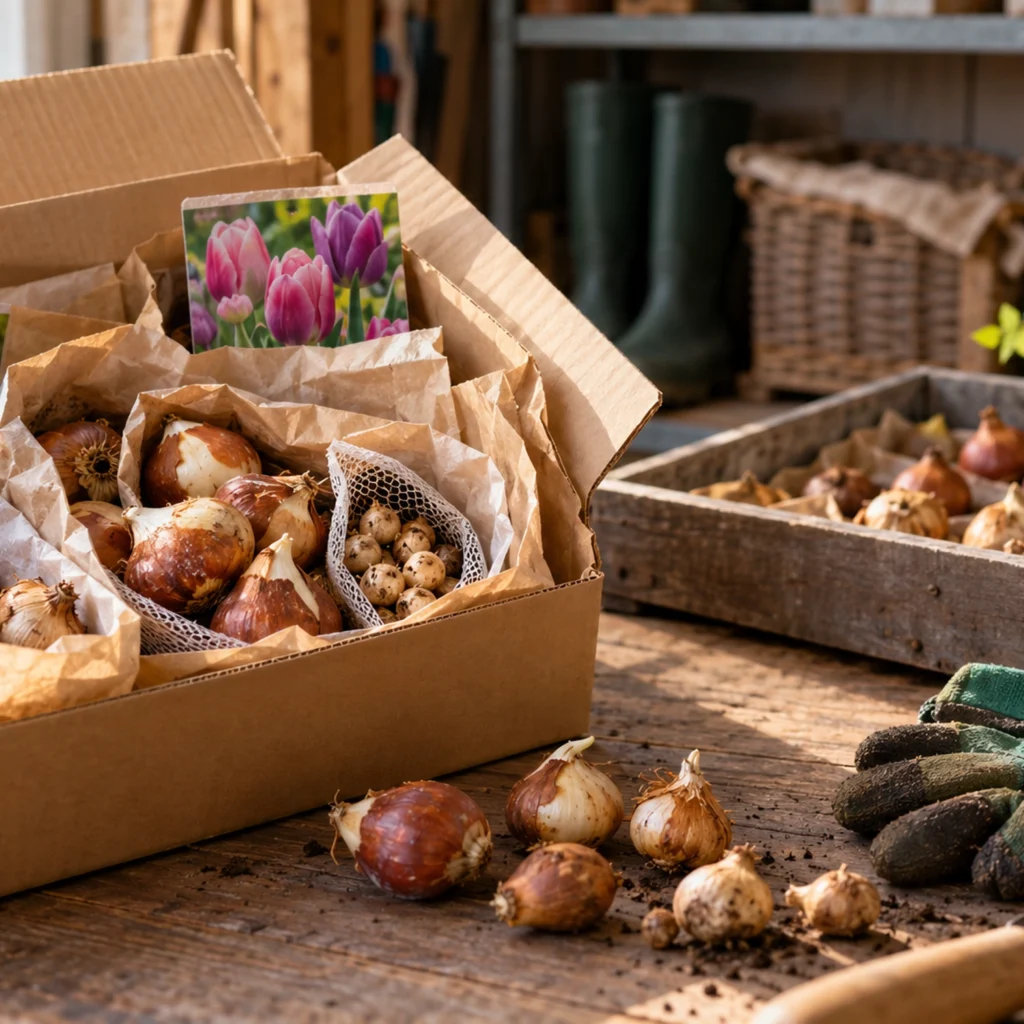 Spring flower bulbs in a delivery box ready for storage and planting
